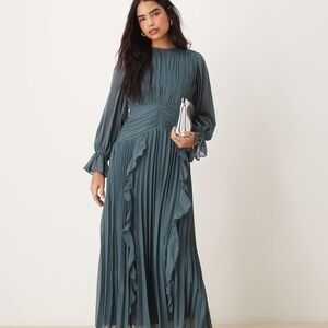 ASOS DESIGN high neck ruched belt detail maxi dress in dark slate